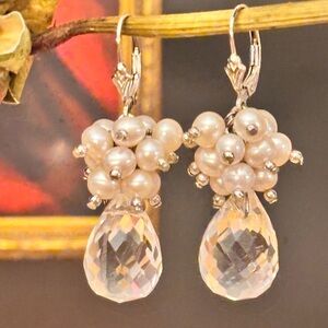Checkerboard Faceted Clear Crystal Quartz & Pearl Sterling Earrings